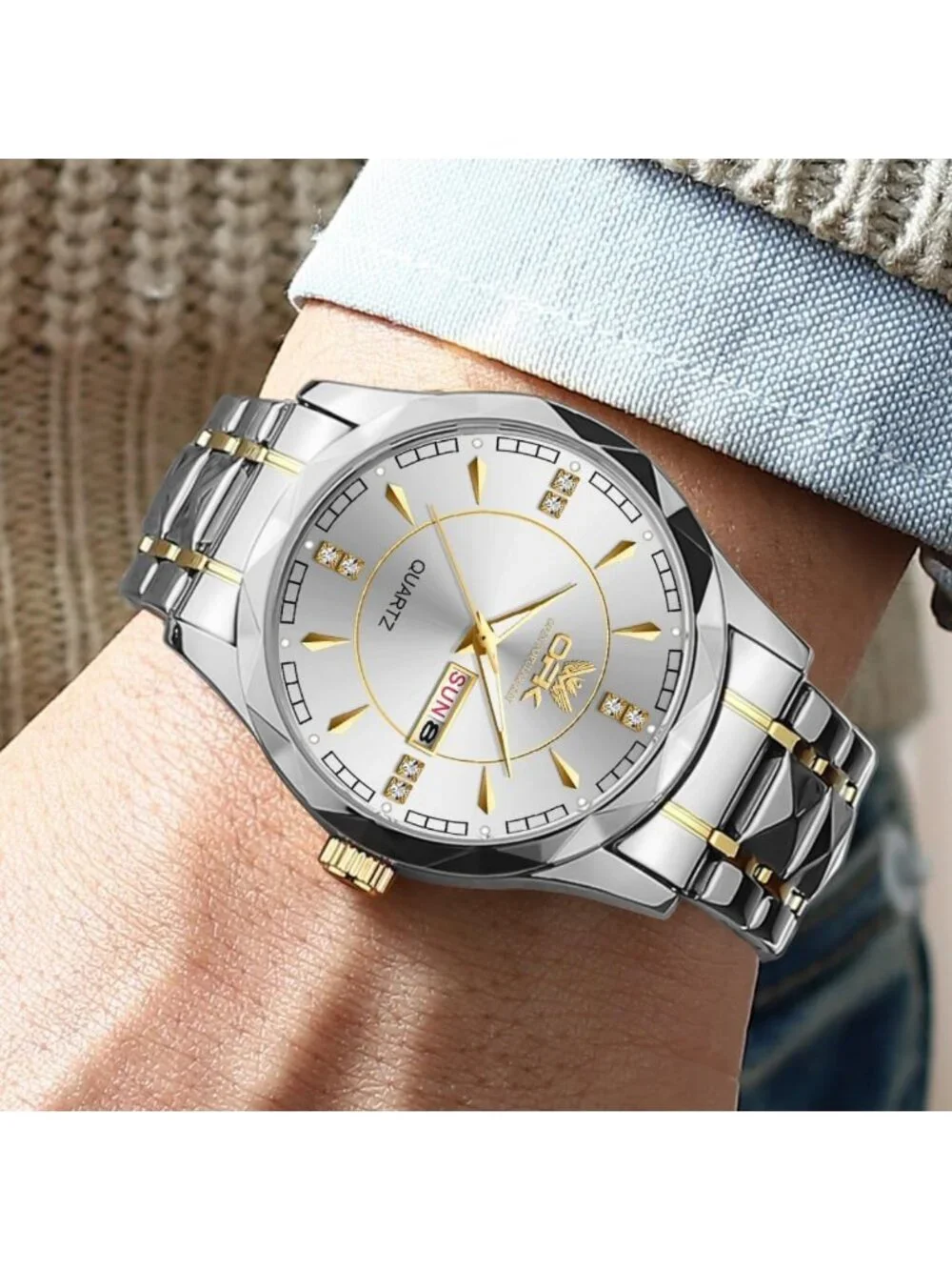 Stylish Waterproof Men's Watch with Diamond Roman Numerals, Stainless Steel